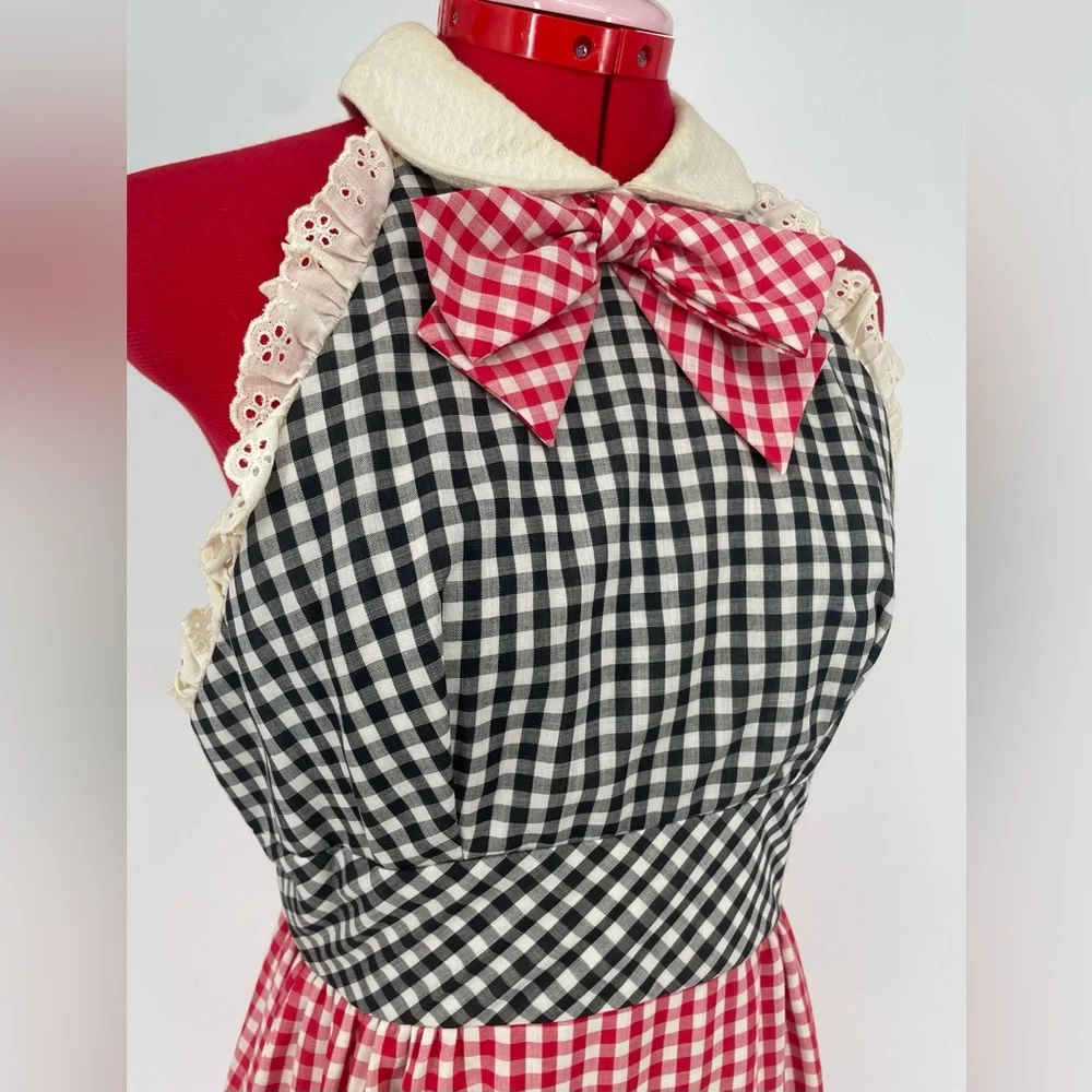 60s/70s Cottagecore Novelty Rabbit Appliqué Gingham Color-blocked Maxi Dress - Picture 8 of 14